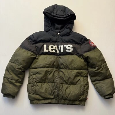 Chaqueta Levis Puffer con Capucha Verde Oliva Negra Parche Auténtico Grande Foto 1 de 4