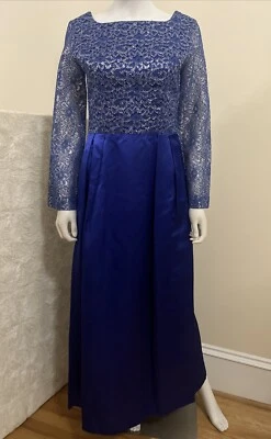 Vestido de baile formal noite longa renda cetim azul vintage anos 60 sob medida P - Imagem 1 de 4