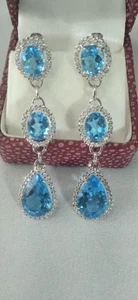 Heavy 18Kt White Gold 11.10 Ct Diamond & Blue Topaz Drop/Dangle Earrings - Picture 1 of 6
