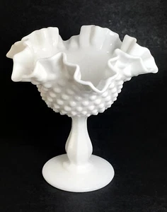 Vintage Fenton Milk Glass Hobnail Crimped Ruffled Footed Compote Candy Dish 6”  - Picture 1 of 5