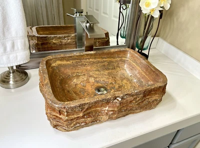 Fregadero de piedra / Fregadero de travertino / Fregadero de recipiente / Fregadero de baño / Fregadero rocoso / Cuenco Foto 1 de 4