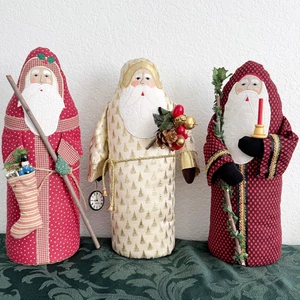 VTG Quilted Santa Claus Stuffed Figurines Soft Body Stunning Handmade Santa 3Lot - Picture 1 of 16