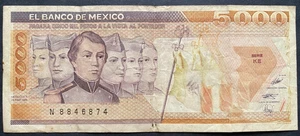 MEXICO, 1989, 5000 PESOS, Currency Note, USED / CIRCULATED - Picture 1 of 2