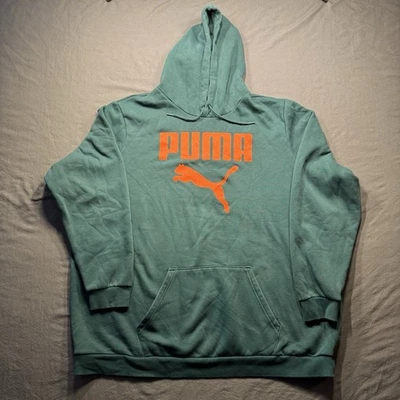Pulôver Puma masculino com capuz 4XL verde logotipo grande laranja gráfico bolso canguru - Imagem 1 de 4