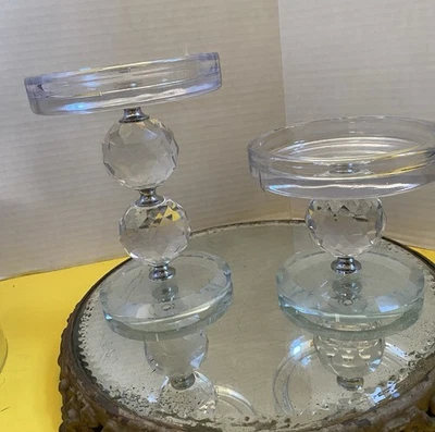Set of 2 Faceted Real Glass Crystal Pedestals by Valerie in Silver - Image 1 of 4