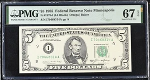 1985 $5 Federal Reserve Note Fr-1978-I Minneapolis PMG66 Superb Gem EPQ - Picture 1 of 2