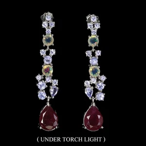 925 Sterling Silver Earrings Pear Ruby 9x7mm Fire Opal Tanzanite Gemstone - Picture 1 of 13
