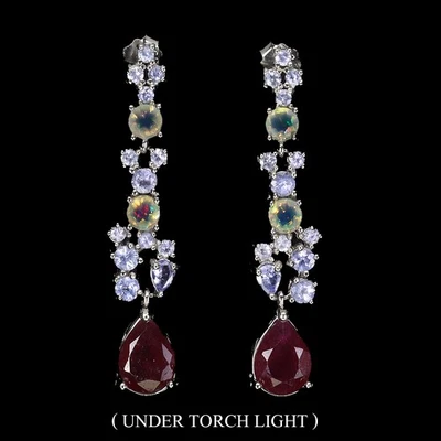 925 Sterling Silver Earrings Pear Ruby 9x7mm Fire Opal Tanzanite Gemstone - Image 1 of 4