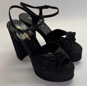 Saint Laurent Bianca Platform Sandals Size 40 US 9 Black Knotted Satin Heels NWT - Picture 1 of 6