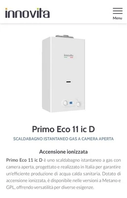 Scaldabagno a Gas GPL(BOMBOLA) 11LT Innovita Primo Eco 11 IC D - 30001041 - Immagine 1 di 2