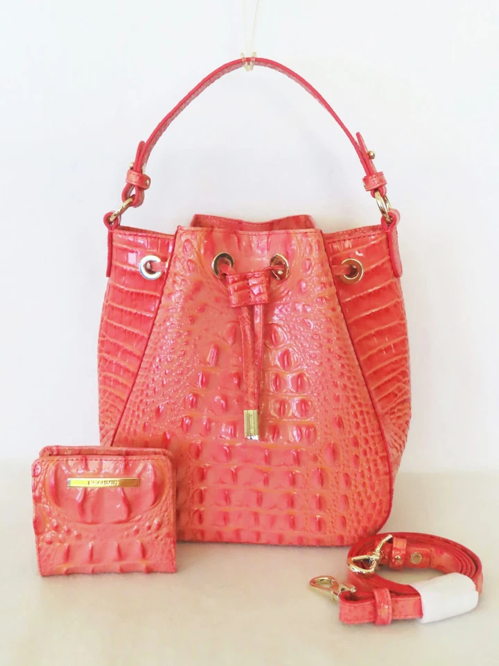BRAHMIN Stylish CORAL SNAPDRAGON PINK/ORANGE MELINDA BUCKET BAG and WALLET