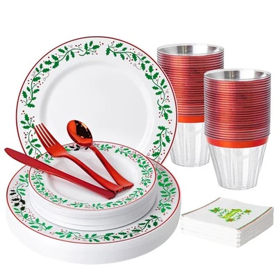 Vajilla de plástico navideña 175 un. - cubiertos rojos, platos desechables, tazas... Foto 1 de 4