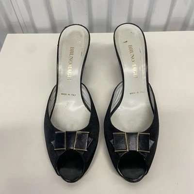 Tacones mules vintage años 90 Bruno Magli negro lazo punta abierta para mujer IT 38/US 7,5 Foto 1 de 4
