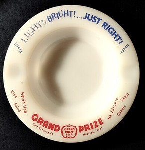 Vintage Grand Prize Beer White Glass Light Bright Ashtray - 5 1/8" - Houston Tx