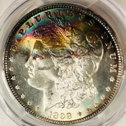 Genuine 1898 PCGS MS64 Morgan Silver $1, Electric Rainbow Toning on Obverse! Cover