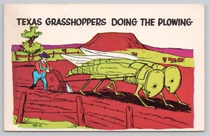Exaggeration Printed Postcard: Farmer with Texas Grasshoppers Doing The Plowing - Picture 1 of 2