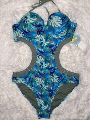 Island Soul Sea Green Blue One Piece Swimsuit Cut Outs Monokini Tropical Palms S - Image 1 of 4