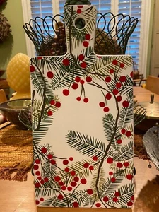 Crate & Barrel Ceramic Cheese Board Plate Pine Branches and Holly Berries - Picture 1 of 2