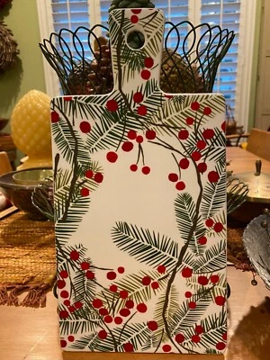 Crate & Barrel Ceramic Cheese Board Plate Pine Branches and Holly Berries - Image 1 of 2