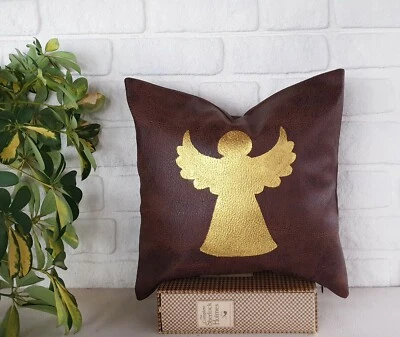 Gold Christmax Angel dark brown color faux leather lookfabric pillow cover-1 QTY - Image 1 of 4