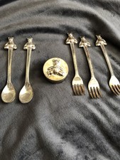 Vintage Baby Keepsake Silverplated Gift Set First Tooth Curl Teddy Bear Spoon