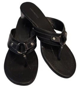 Covington Womens Dusti Size 9.5 Black Leather Thong Wedge Sandals White Stitch - Picture 1 of 11