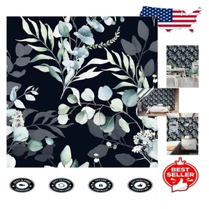 Elegant Peel & Stick Wallpaper - Black/Grey Eucalyptus Leaf Floral Mural 17.7"W - Picture 1 of 11