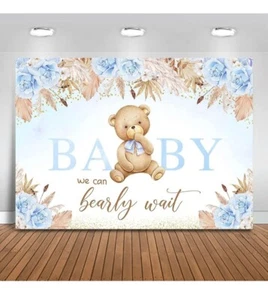 Mocsicka Boho Bear Baby Shower Backdrop  Can Bearly Wait Blue Floral Baby Shower - Picture 1 of 4