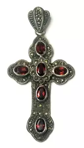 Favoloso ciondolo croce marcasite granato argento sterling 925 tenuta vintage - Foto 1 di 2