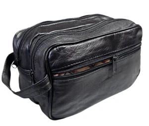 Genuine Leather Travel Toiletry Bag Zipper Case Compact Organizer Portable Dopp - Picture 1 of 7