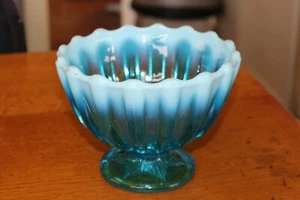 Antique Davidson 1889 Blue Pearline Glass Footed Bowl Dish White Opalescent Rim - Picture 1 of 11