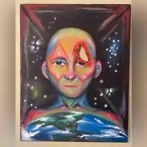 Signiertes seltsames Alien mit einem Loch im Kopf Gemälde auf Leinwand 20x16 - Bild 1 von 8
