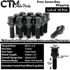 16x Black 12x1.5 Cone Seat Lug Bolts 33mm Shank Audi VW Smart w/ 3-8mm Spacer - Picture 1 of 5