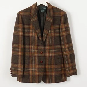 Ralph Lauren Womens 10 Equestrian Blazer Wool Jacket Tweed Plaid Elbow Patches - Picture 1 of 21
