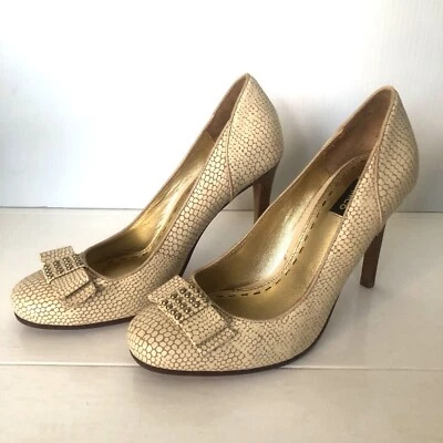 Mimco Shoes Size 37 100% Leather Pumps Ivory Snake Skin Timber Heel Office/Party - Image 1 of 4