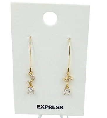 Pendientes Perforados Colgantes Express Luna y Estrellas Cristal Gancho de Pez Tono Dorado 1 3/4" Foto 1 de 3