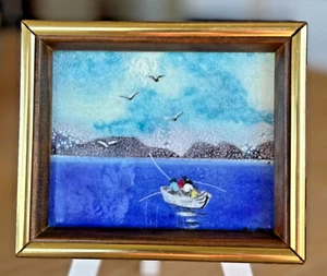 Vtg Enamel on Copper Framed Signed Painting Scotty Hulquist "Fishing in Curacao" - Picture 1 of 16