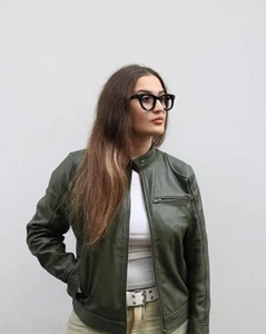 Real Leather Green Jacket for women, Genuine womens Biker Moto Slim Fit jacket - Picture 1 of 6