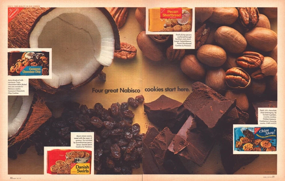 Nabisco Cookies 1968 dos páginas anuncio impreso chips Ahoy danés remolinos pasas nueces Foto 1 de 1