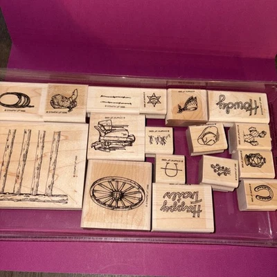 AMPIN' UP! "HAPPY TRAILS" ДЕРЕВЯННЫЙ НАБОР МАРОК, СТАРЫЙ ЗАПАД, КОВБОЙ, РЕДКИЙ - Изображение 1 из 3