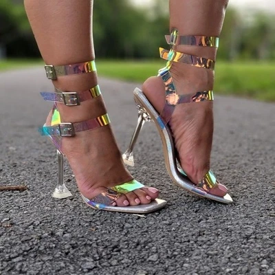 Sandal Heel Hologram Open Toe Toe Strappy Pumps (7) - Image 1 of 4