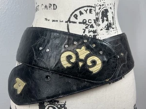 Vintage Black Leather Belt WIDE S Y2K Lizard Festival Boho Western Rhinestones - Picture 1 of 14
