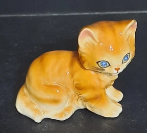 Vintage Ginger Orange Tabby Cat Figurine Blue Rhinestone Eyes Glossy Japan - Picture 1 of 4
