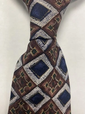 Gravata masculina vintage Robert Talbott Studio 100% seda designer EUA geométrico marrom azul - Imagem 1 de 4