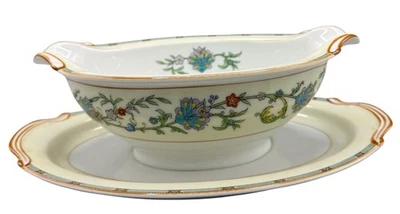 Noritake N1583 Gravy Boat Placa Base Adjunta Floral Banda Verde Borde Marrón Japón Foto 1 de 4