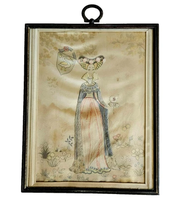 Antigua pintura francesa del siglo XIX sobre reina de seda Foto 1 de 4