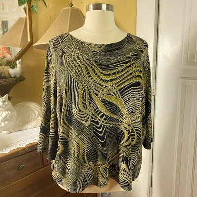 MAGGIE BARNES Textured Swirl Print Gold Black Blouse Top Size 4X  - Image 1 of 4