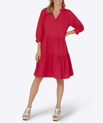 Damen Kleid V-ausschnitt 3/4-arm Kurz Gerafft Erdbeere Gr. 44 Neu - Bild 1 von 3