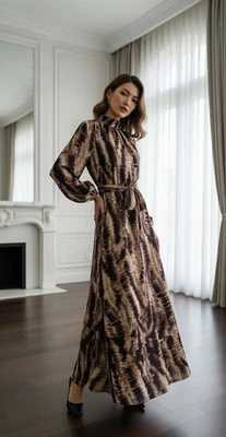 Maxi Vestido Banana Republic Modesto Boho Manga Larga Marrón Nudo Abstracto L Usado en Excelente Condición Foto 1 de 4