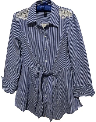 Inc Top M Blue and White Striped Lace Trim Tie Front Coastal Chic Shirt Blouse - Imagem 1 de 4